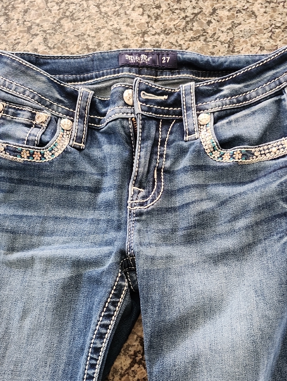 Miss Me Blue Straight Leg Jeans with Embroidered Pocket Accents